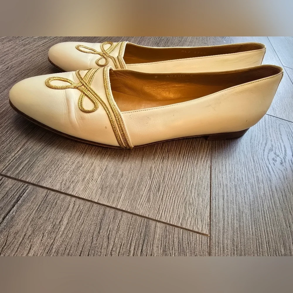 Ralph Lauren Cream Gold Detail Ballet Flats Military Nautical Coastal Preppy